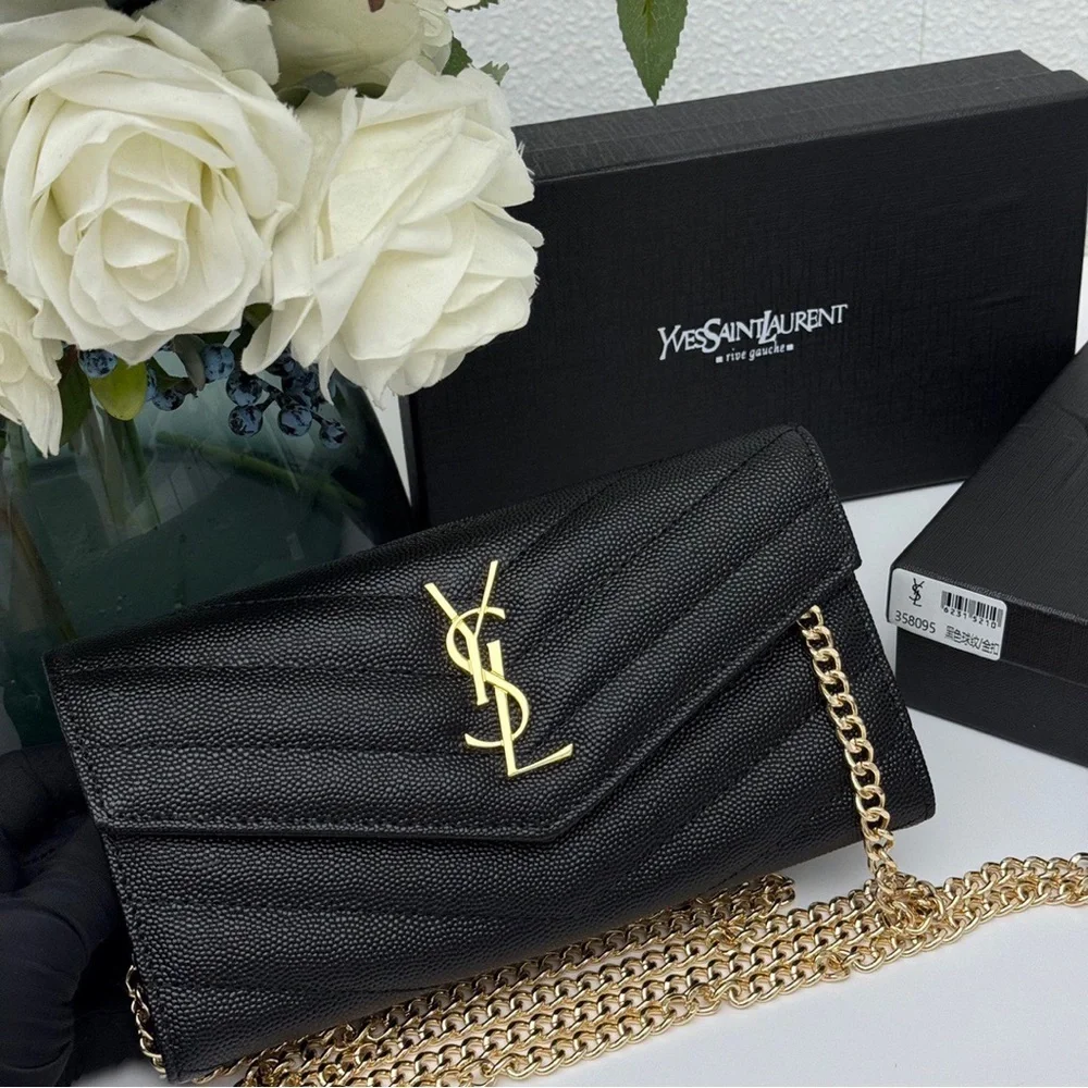 Yves Saint Laurent Black Textured Clutch with Gold Chain
